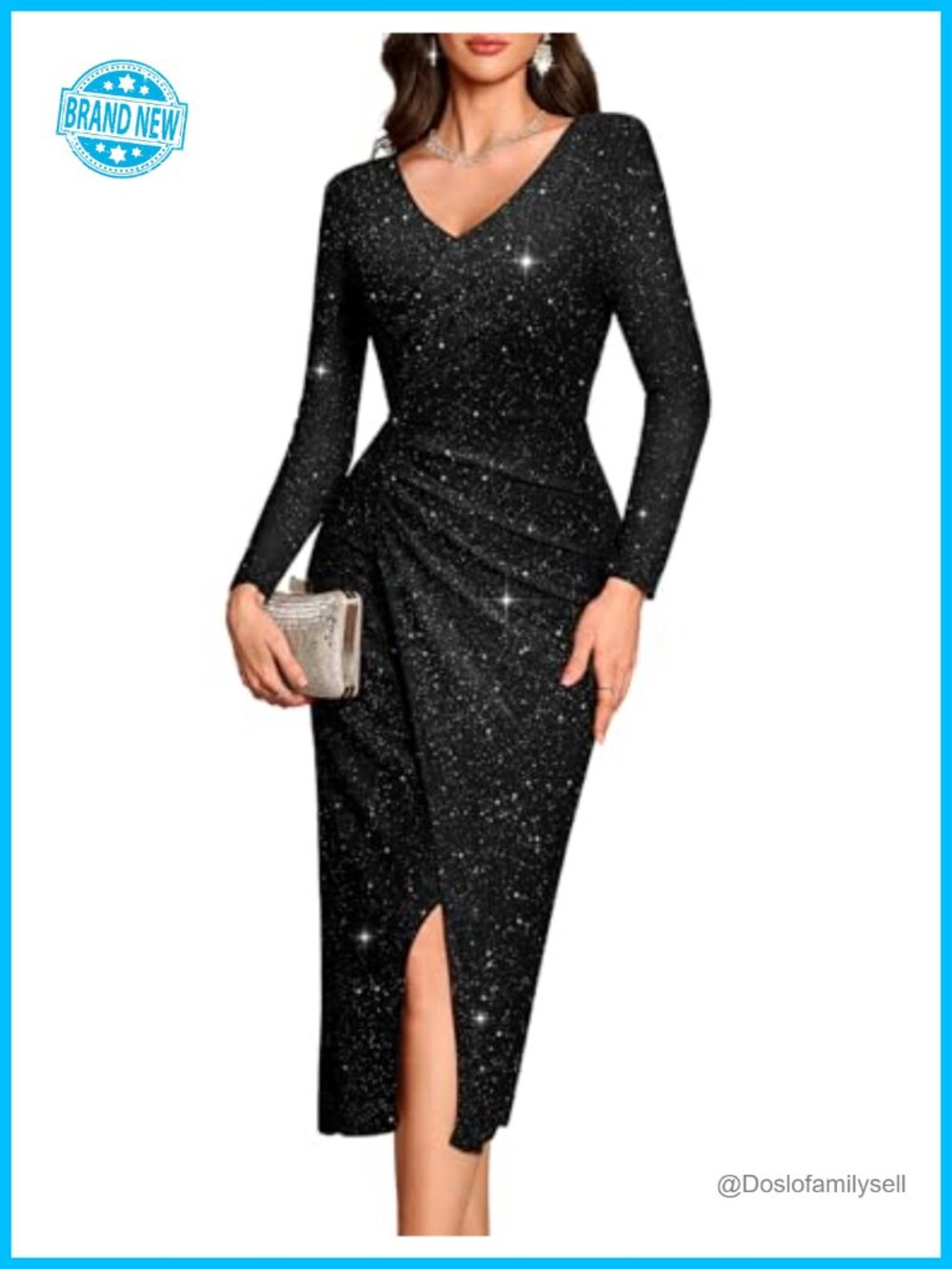 Sequin Long Sleeve V-Neck Bodycon Maxi Formal Evening Dress